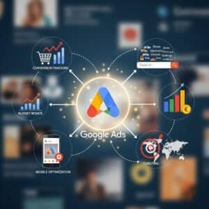 A complete ecommerce Google Ads strategy with icons for conversions, targeting, keywords, mobile, and ROI, all connected to the central Google Ads logo.