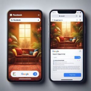 Side-by-side mobile view comparing **Google Ads vs Facebook Ads** ad formats: visual social media ad versus text-based search result.