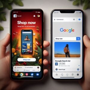 Side-by-side mobile view comparing **Google Ads vs Facebook Ads** ad formats: visual social media ad versus text-based search result.
