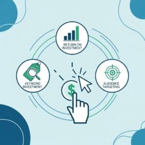 PPC concept graphic with icons for keywords, ROI, audience, and clicks