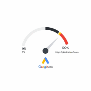 A minimalist graphic showing a gauge with the needle pointing to a high score, symbolizing an excellent Google Ads optimization score, with the Google Ads logo underneath.